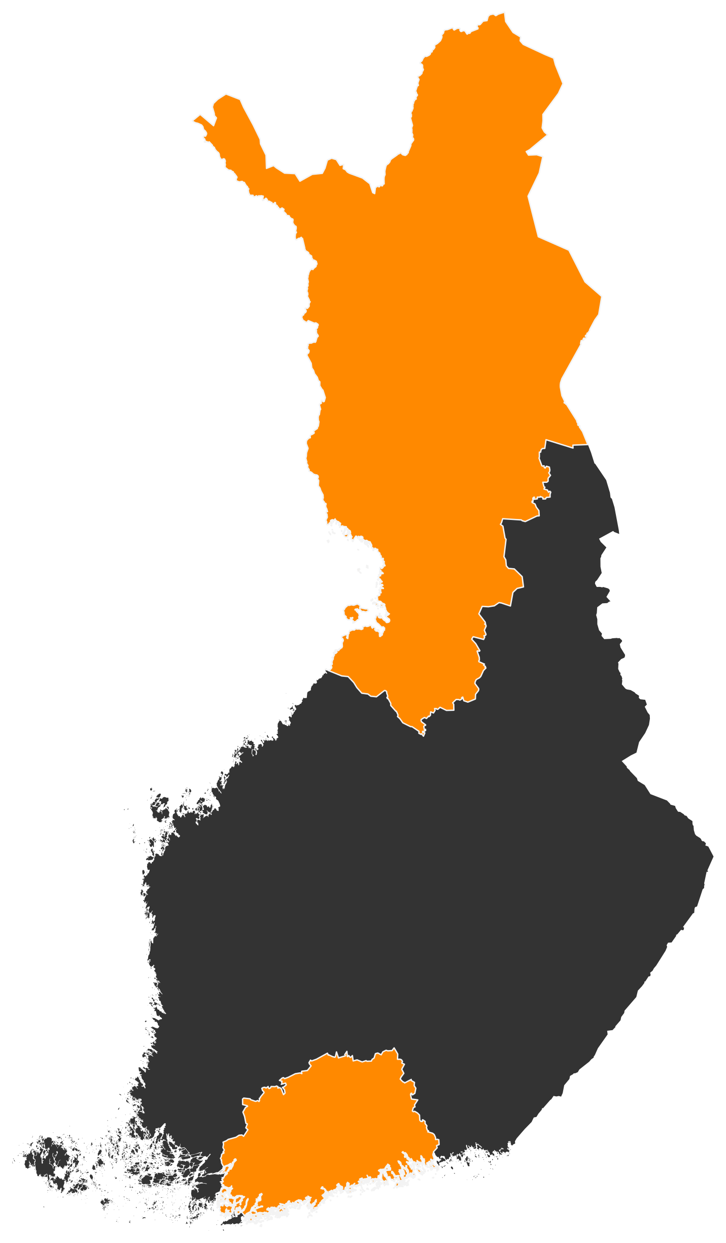 Kotinen toimialueet Pohjois- ja Etelä-Suomessa oranssilla: 35 pohjoisen ja 42 etelän kuntaa.